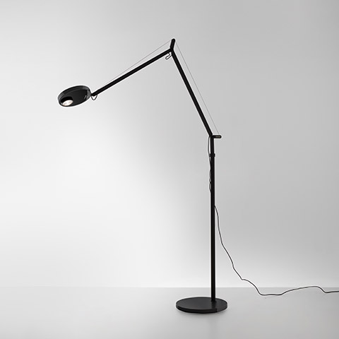 Artemide Demetra Professional Reading Floor lamp in black, with adjustable articulated arm, circular LED head, and round base