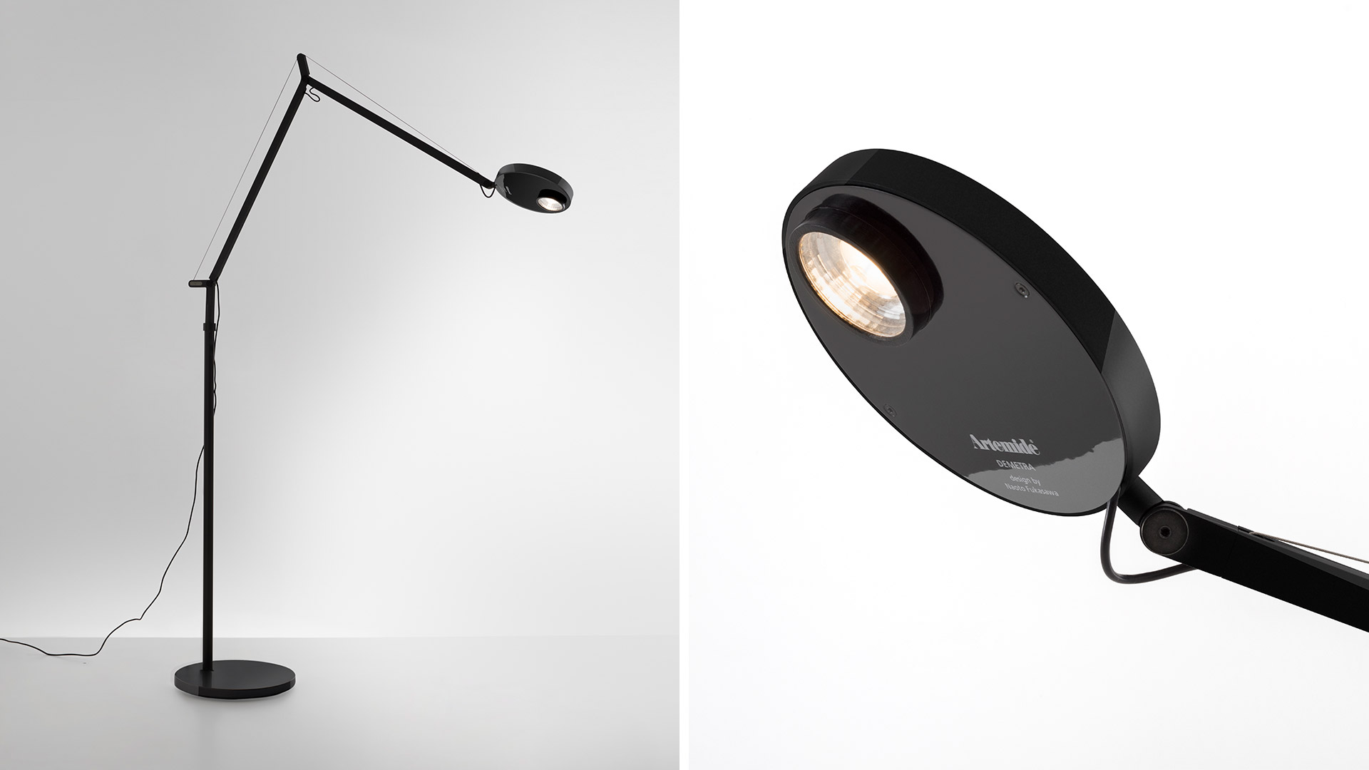 Lampada da terra Artemide Demetra Professional Reading nera, con braccio regolabile e testa LED circolare, vista intera e dettaglio