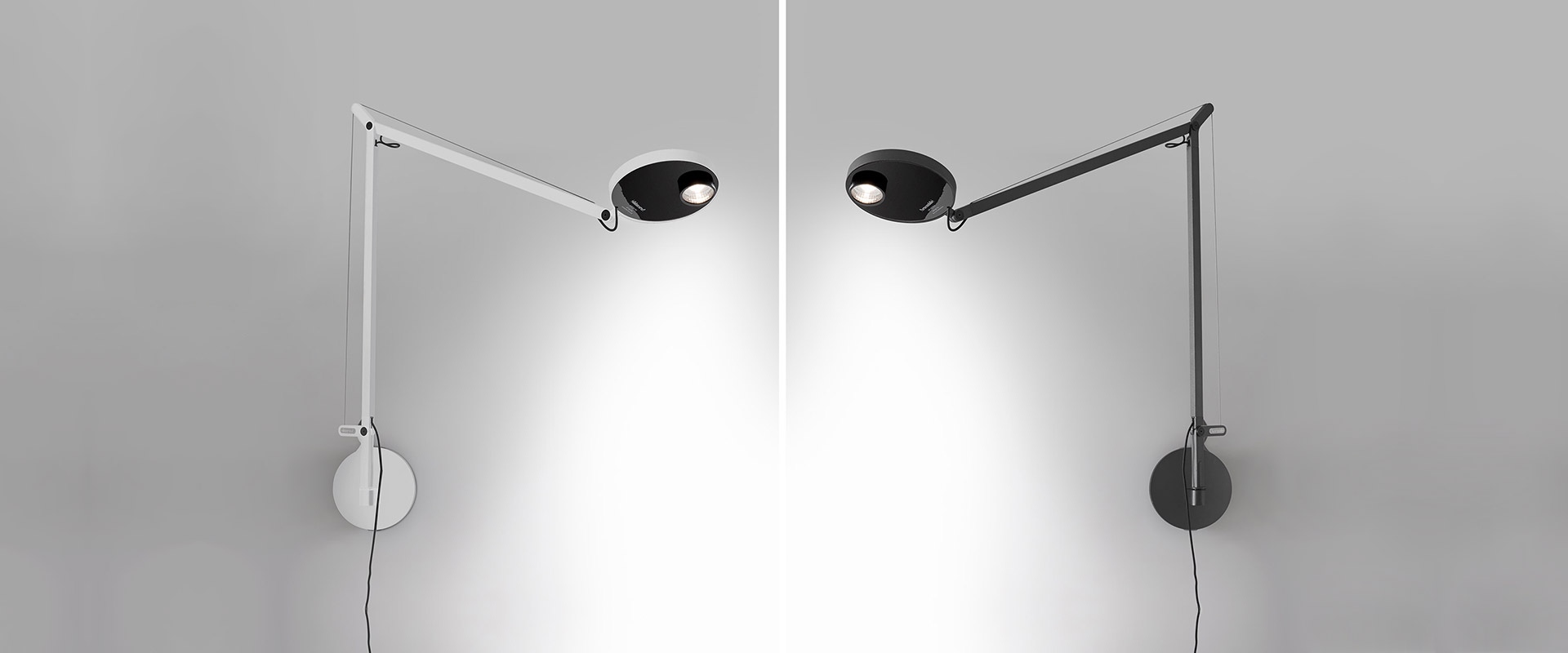 Lampada da parete Artemide Demetra Professional Parete nelle versioni bianco e nero, braccio regolabile con testa LED circolare su staffa a muro