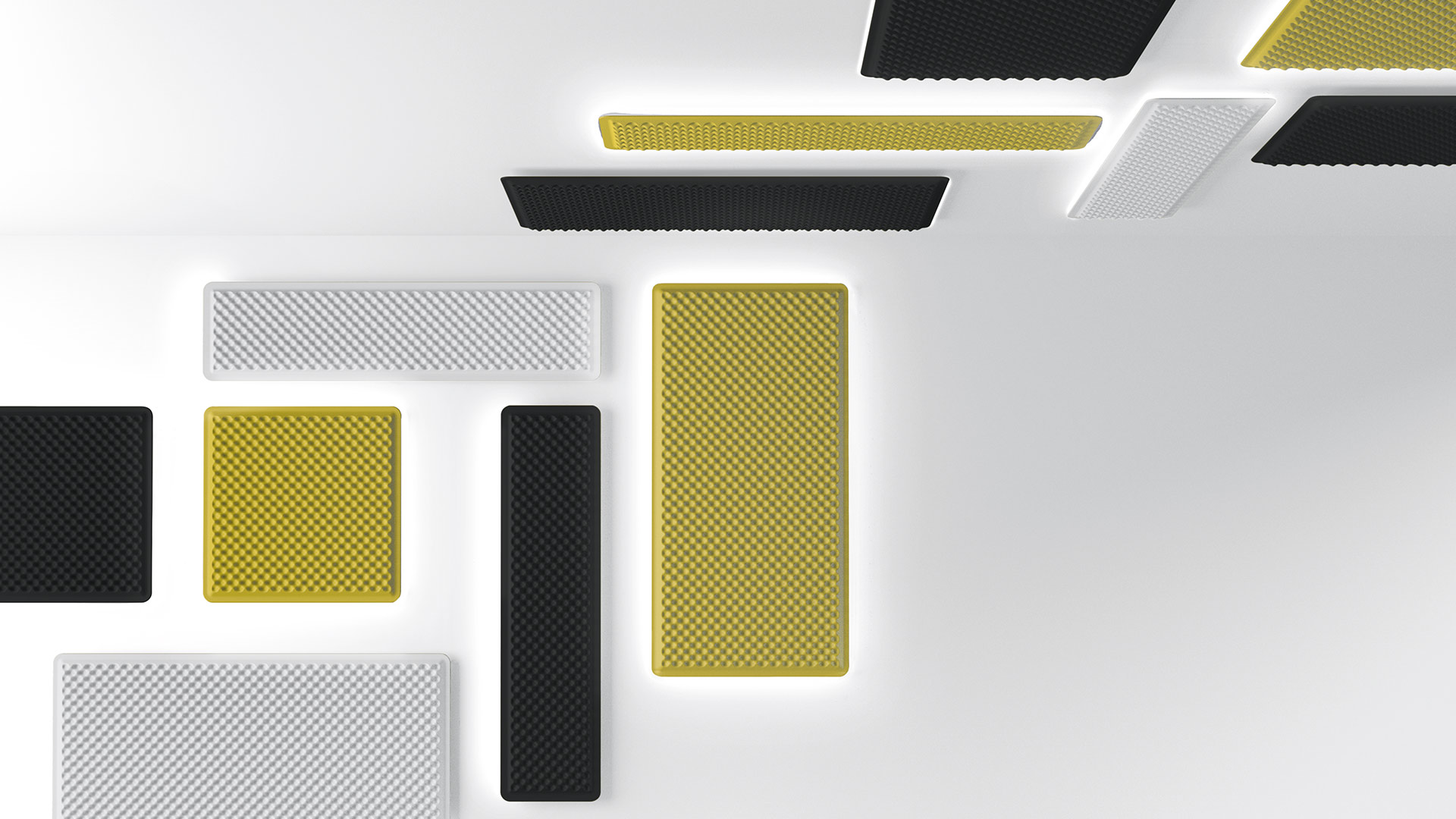 Artemide Eggboard Wall/Ceiling acoustic panels in black, white, and yellow, various rectangular and square sizes, some backlit