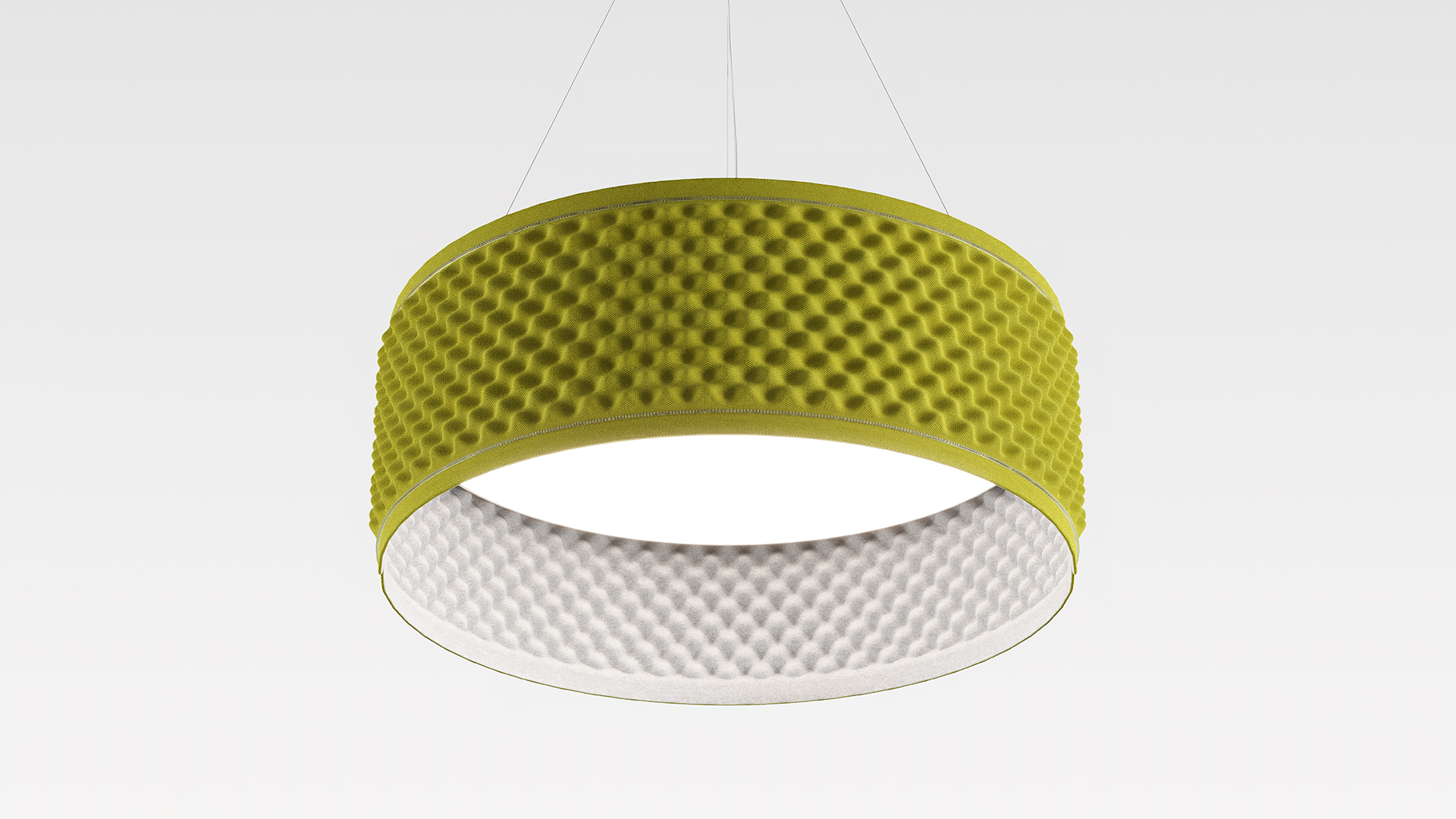 Sketch of two office spaces with Artemide Eggboard and Eggboard Circle pendant lamps in green, illuminating a lounge and a meeting room