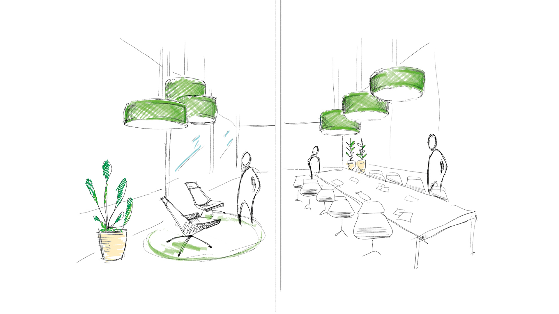Artemide Eggboard Circle pendant lamp: olive-green cylindrical shade with acoustic egg-crate texture, white diffuser base, suspended by cables