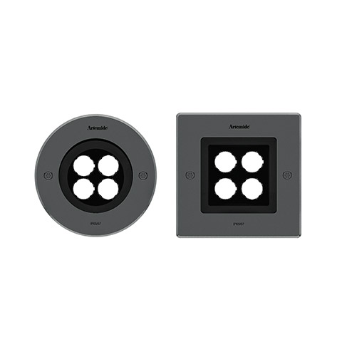Artemide Ego 150 downlight: versioni rotonda e quadrata in grigio scuro, ciascuna con quattro aperture LED circolari, certificazione IP67