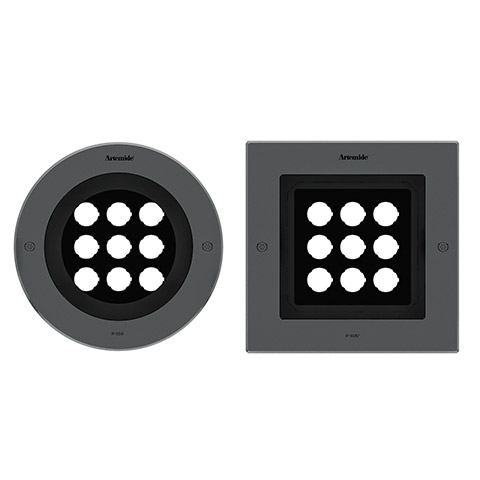 Faretti da incasso a pavimento Artemide Ego 220 drive-over: versioni rotonda e quadrata in grigio scuro, ciascuna con 12 aperture LED in griglia 3x4
