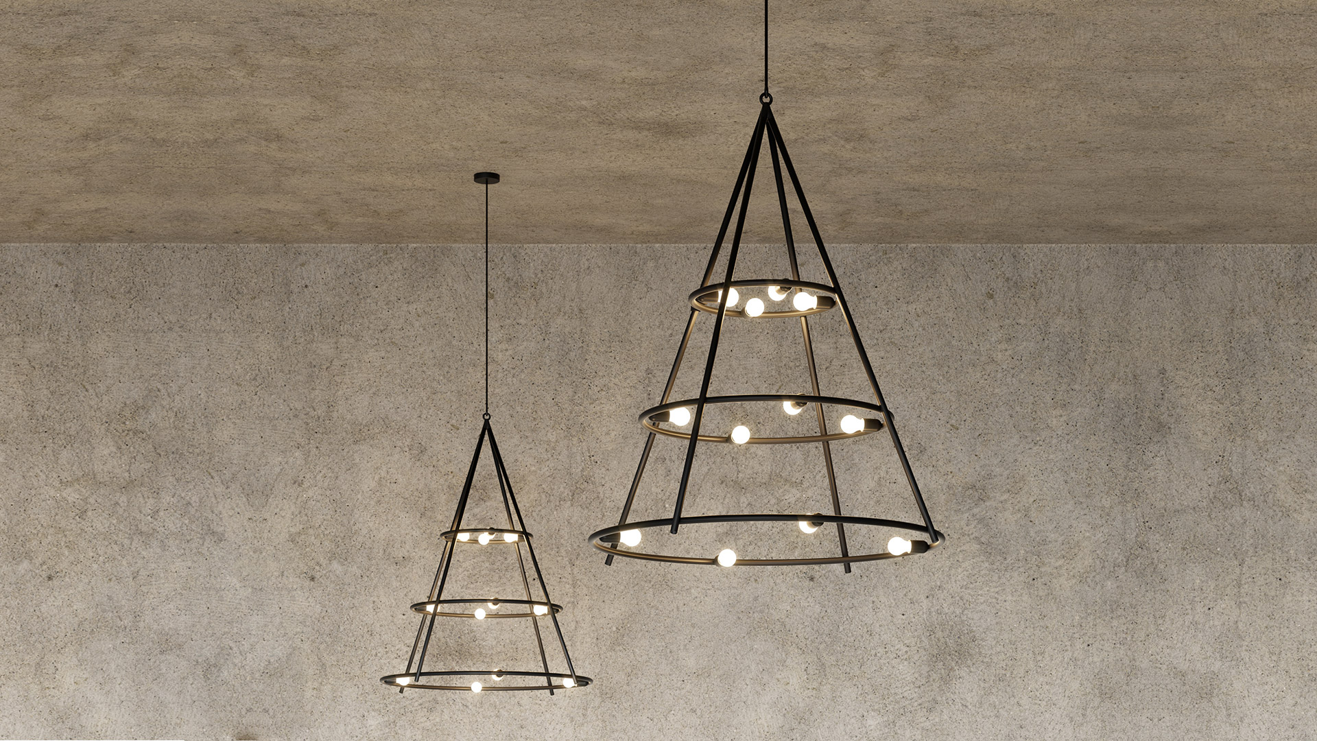 Due lampade a sospensione El Porís di Artemide, strutture coniche in metallo nero con anelli LED circolari, esposte alla mostra Herzog & de Meuron