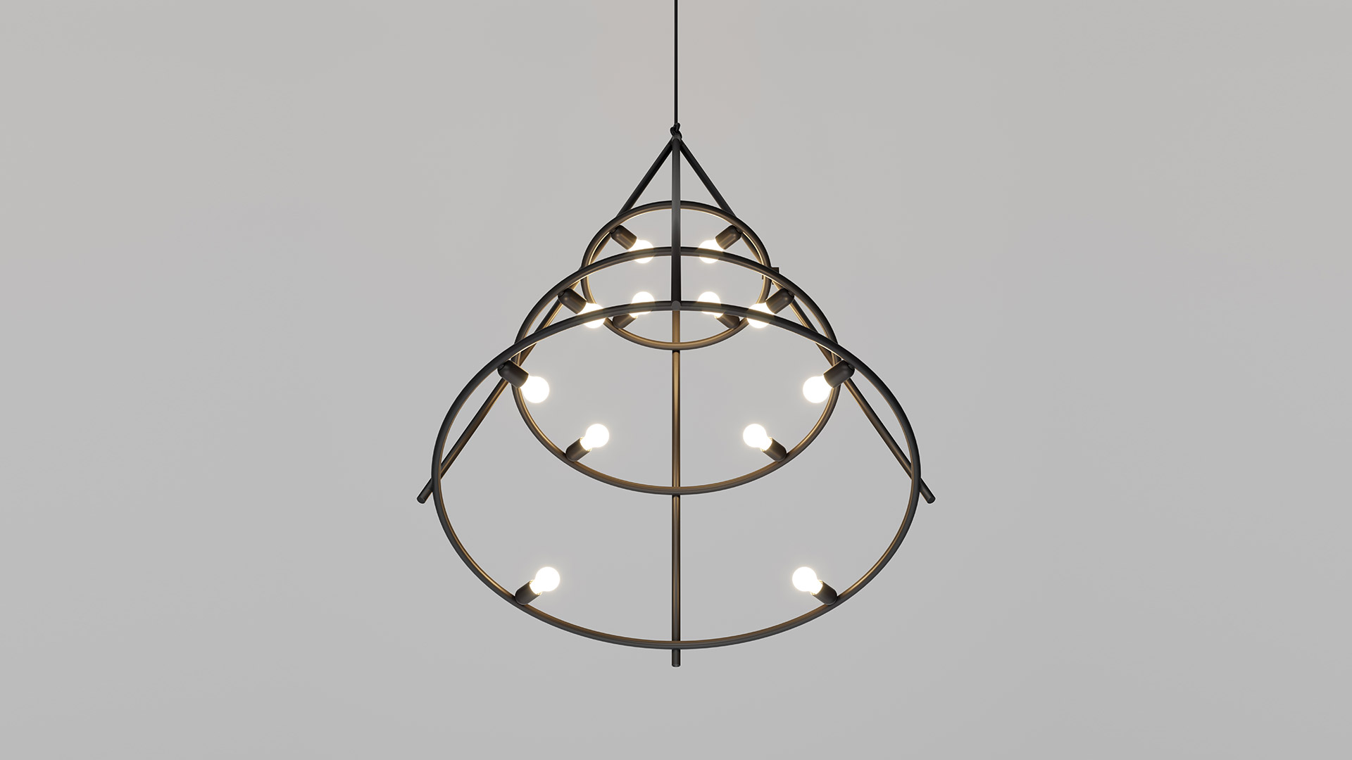 Due lampade a sospensione Artemide El Porís con struttura conica nera e tre anelli circolari con piccole lampadine a vista, appese al soffitto