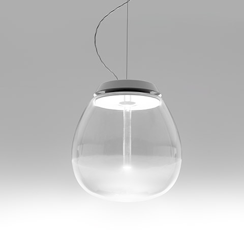 Artemide Empatia pendant lamp: clear glass teardrop diffuser with central LED stem and dark grey metal canopy on black cable