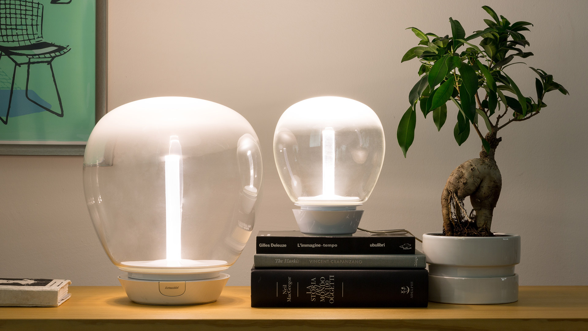Two Artemide Empatia table lamps with round glass diffusers and white bases, displayed on a shelf with books and a bonsai plant
