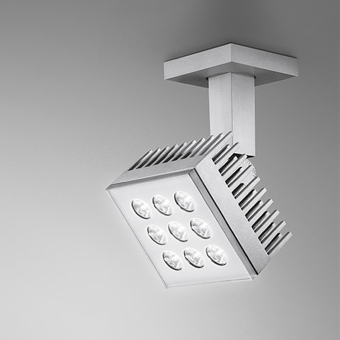 Artemide Falange 9 ceiling spotlight in silver aluminum with 9 LED modules on adjustable square head and ceiling mount bracket