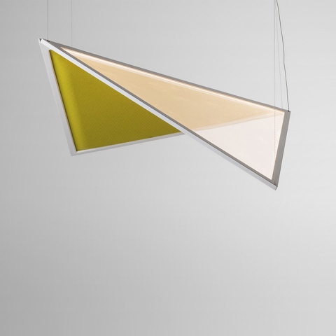 Artemide Flexia pendant lamp with two asymmetric triangular panels: olive green acoustic panel and illuminated warm white LED panel in white frame