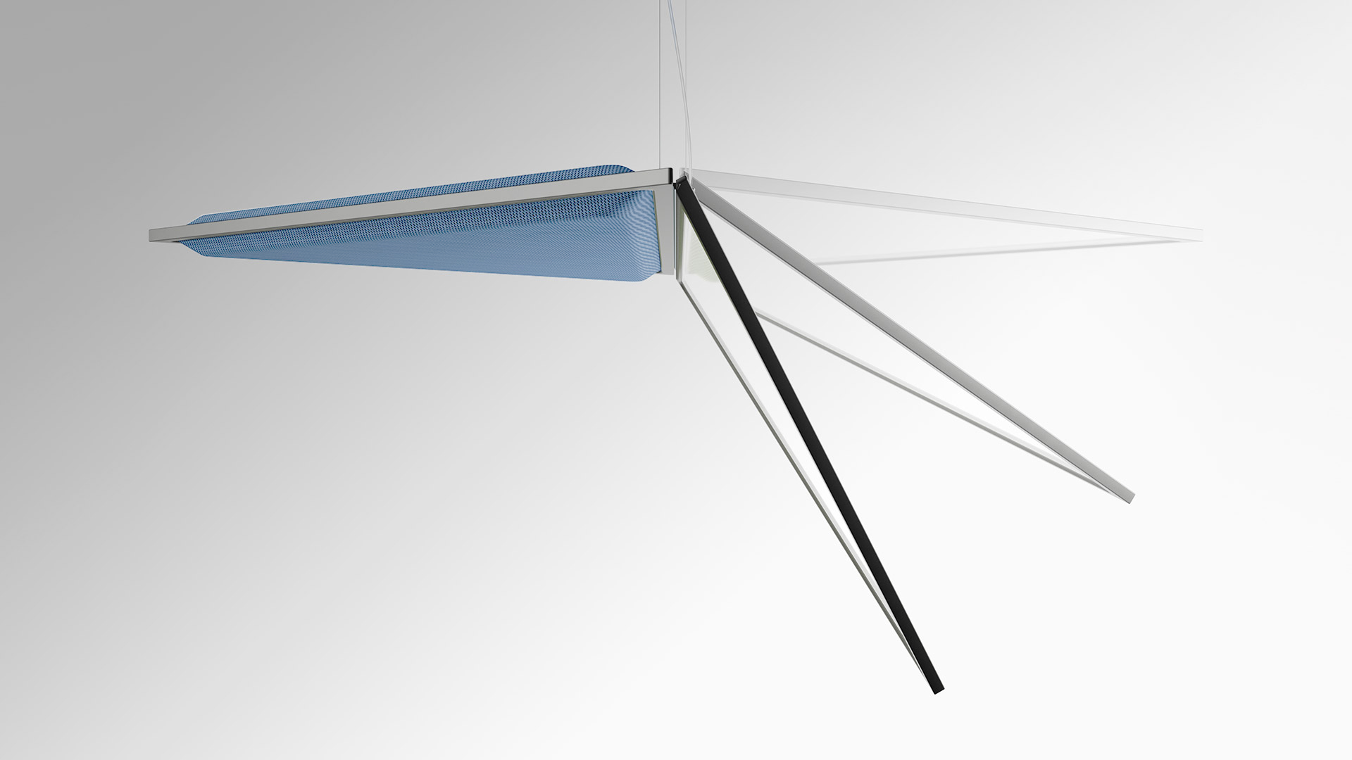 Lampada a sospensione Flexia di Artemide, diffusore triangolare dorato, sospesa su una scrivania minimalista in un loft industriale con pareti in mattoni