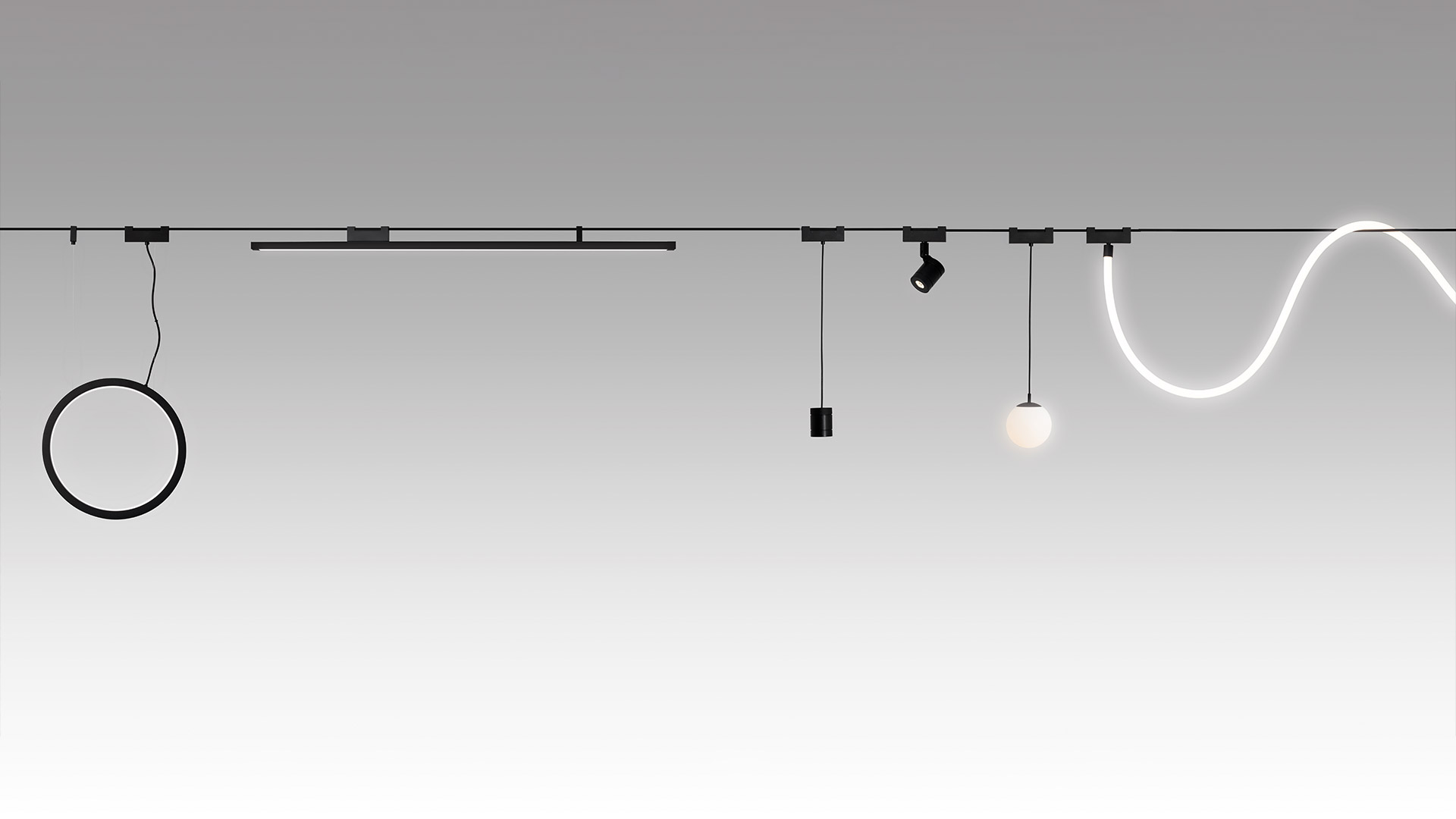 Faretto Artemide Funivia Outdoor nero su sistema a cavo, orientato verso il basso, illumina il fogliame sottostante