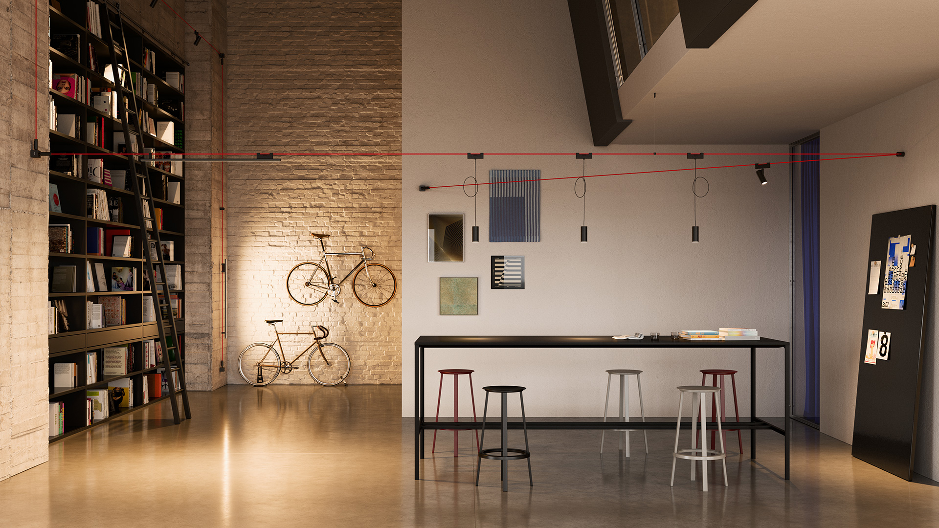 Artemide Funivia system: black cable track with linear LED bar and adjustable spotlight on tensioned wire, wall-mounted
