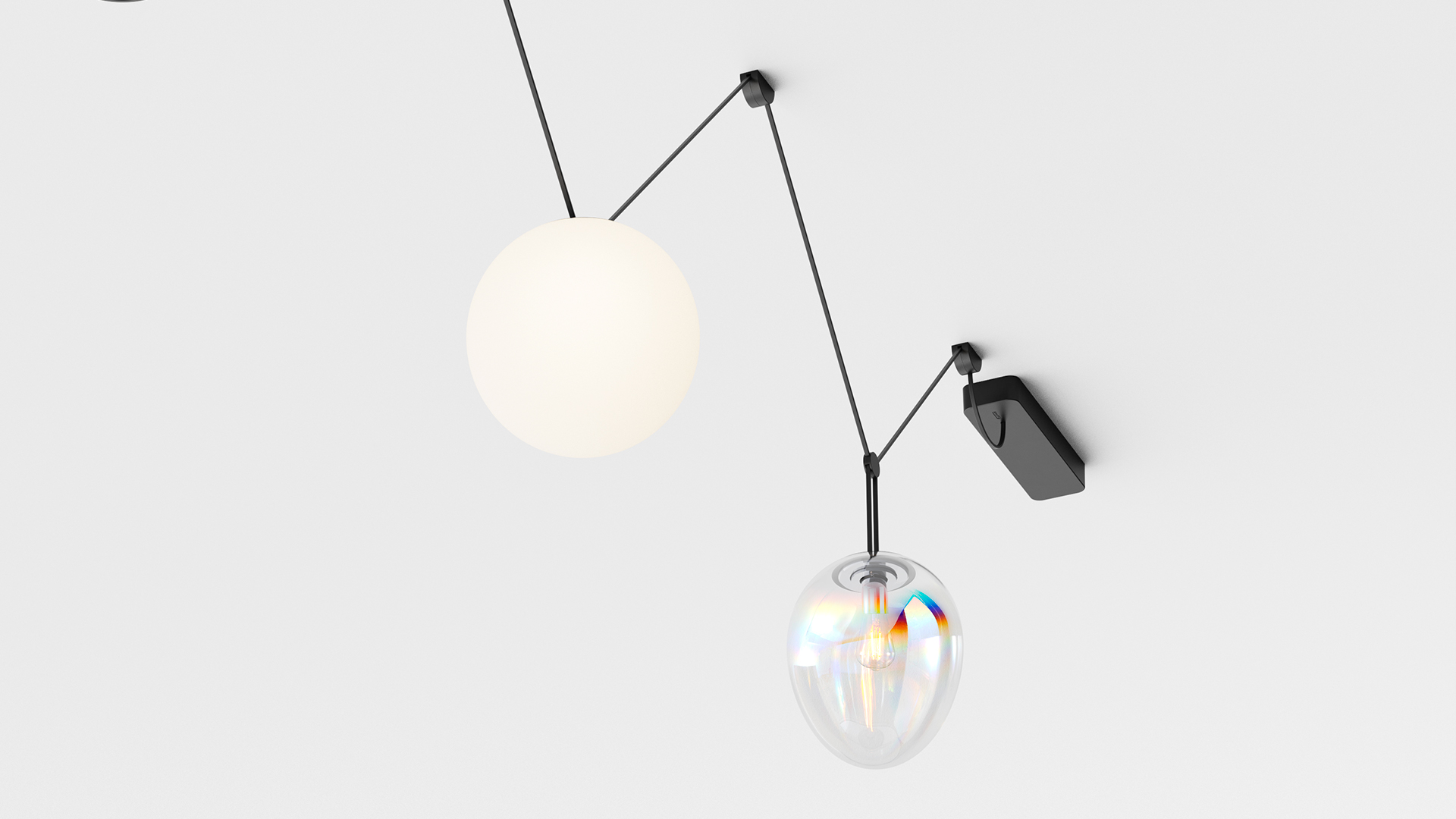 Artemide Funivia Plug: black rectangular body with vibrant red cable looping through a black ceiling canopy