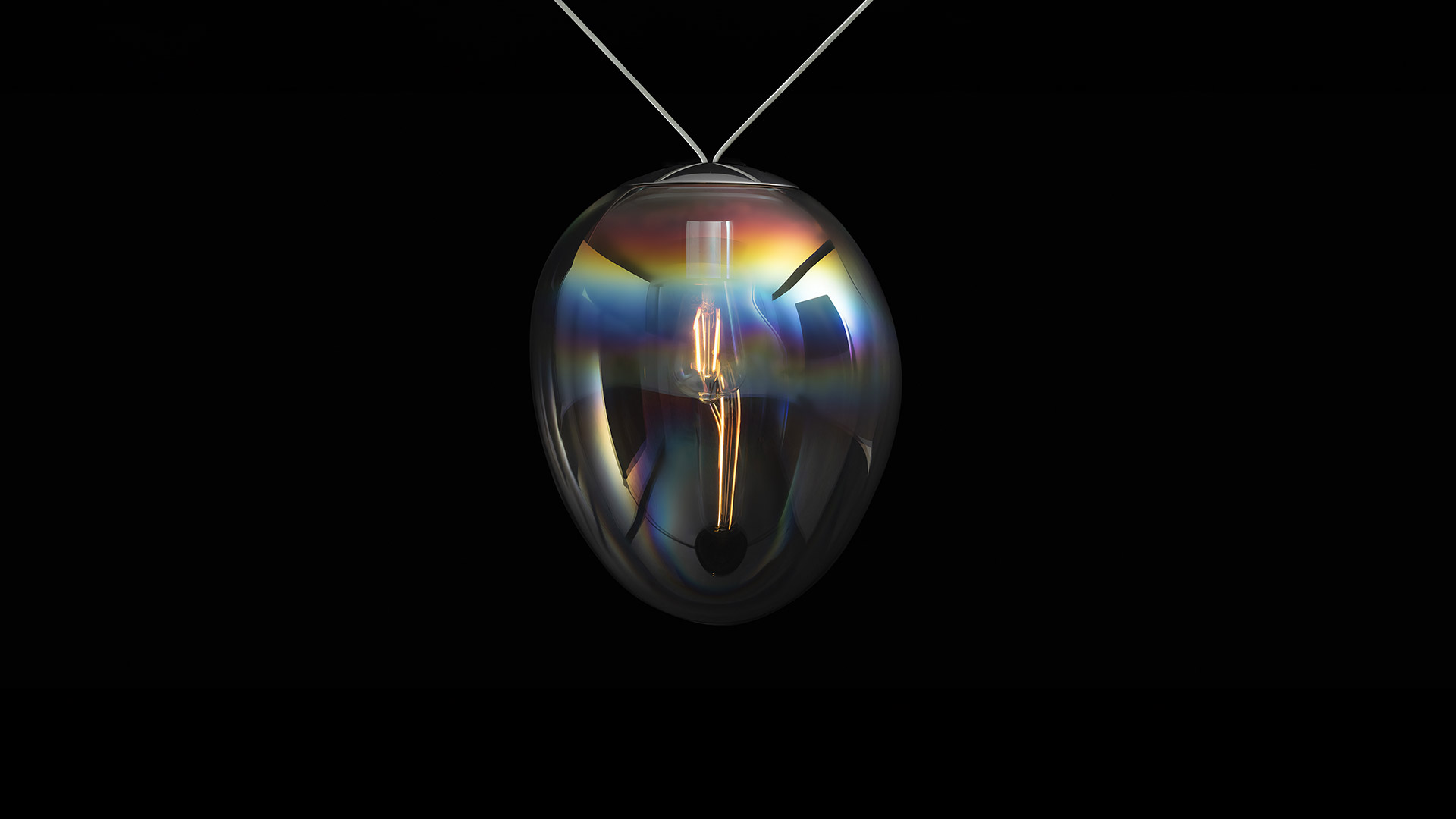 Artemide Funivia Plug: two pendant lights on black cables, left opal white sphere, right iridescent teardrop glass shade