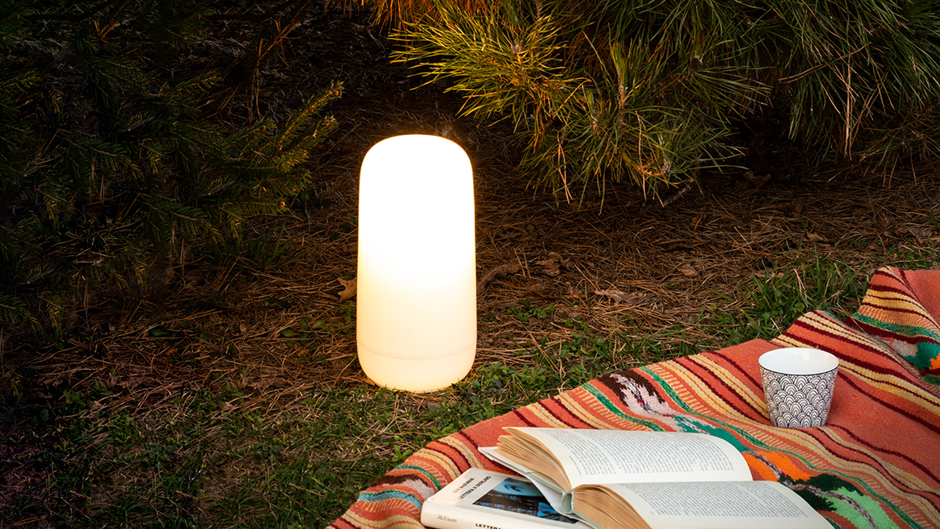 Lampada Artemide Gople Portable illuminata sul soffitto circondata da figurine di animali in legno disposte in cerchio