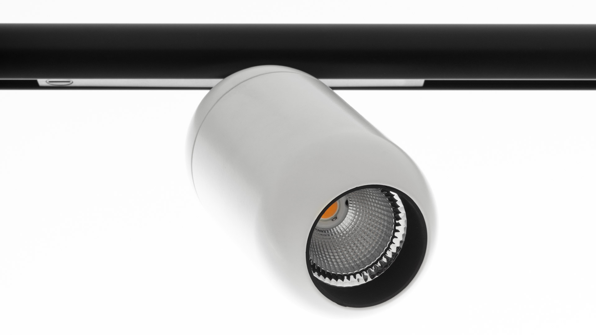 Ingresso ufficio moderno con anelli LED circolari Artemide Gople System a soffitto, abbinati a faretti incassati su colonne bianche e pareti blu navy
