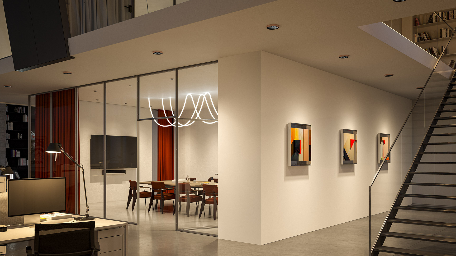 Quattro lampade Artemide Helgoland a LED in diverse dimensioni, con cluster esagonali di moduli luminosi dorati caldi su sfondo nero