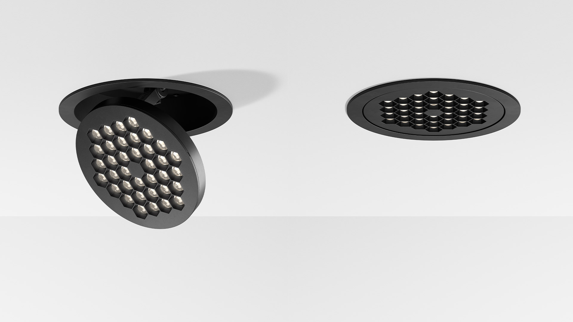 Faretto da incasso a soffitto Artemide Helgoland Adjustable, ghiera circolare bianca con array LED orientabile a lenti esagonali