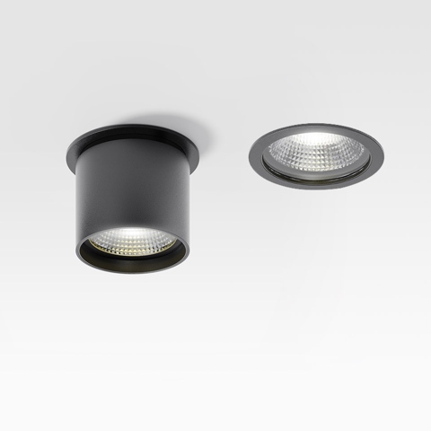 Artemide Hoy e Hoy Spot: due faretti LED da incasso neri mostrati installati a soffitto e come unità singola