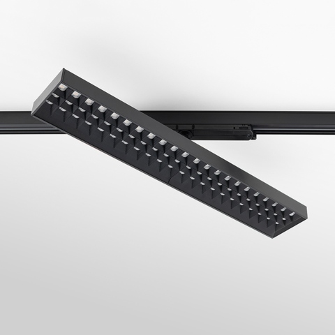 Artemide Hoy Refractive 3-Phase Track: black rectangular LED track light with refractive lens grid, mounted diagonally on black rail