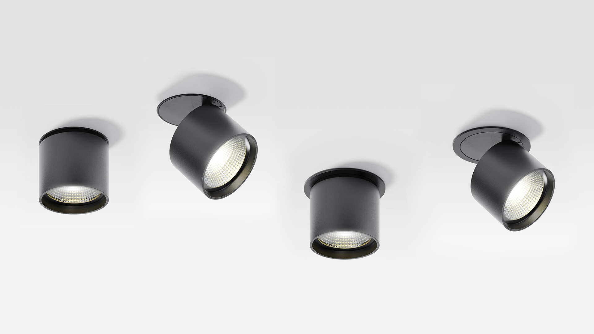 Sei faretti da incasso LED Artemide Hoy Spot in finitura argento e bianco, disposti in due gruppi su sfondo neutro