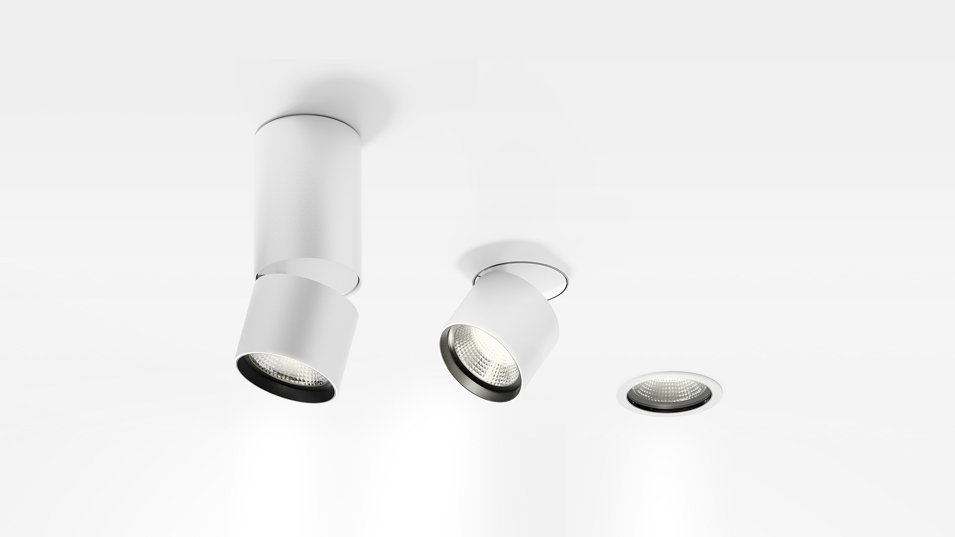 Collezione Artemide Hoy: quattro faretti LED in bianco e nero, nelle versioni da incasso, da superficie e su binario
