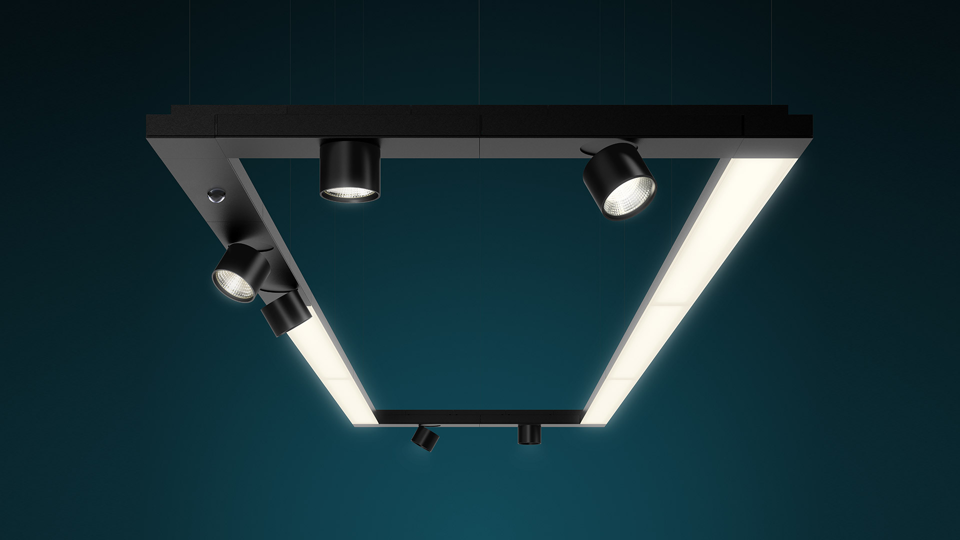 Artemide Hoy System: elegante sospensione LED lineare nera e binario a soffitto in uno spazio espositivo bianco minimalista con piedistalli
