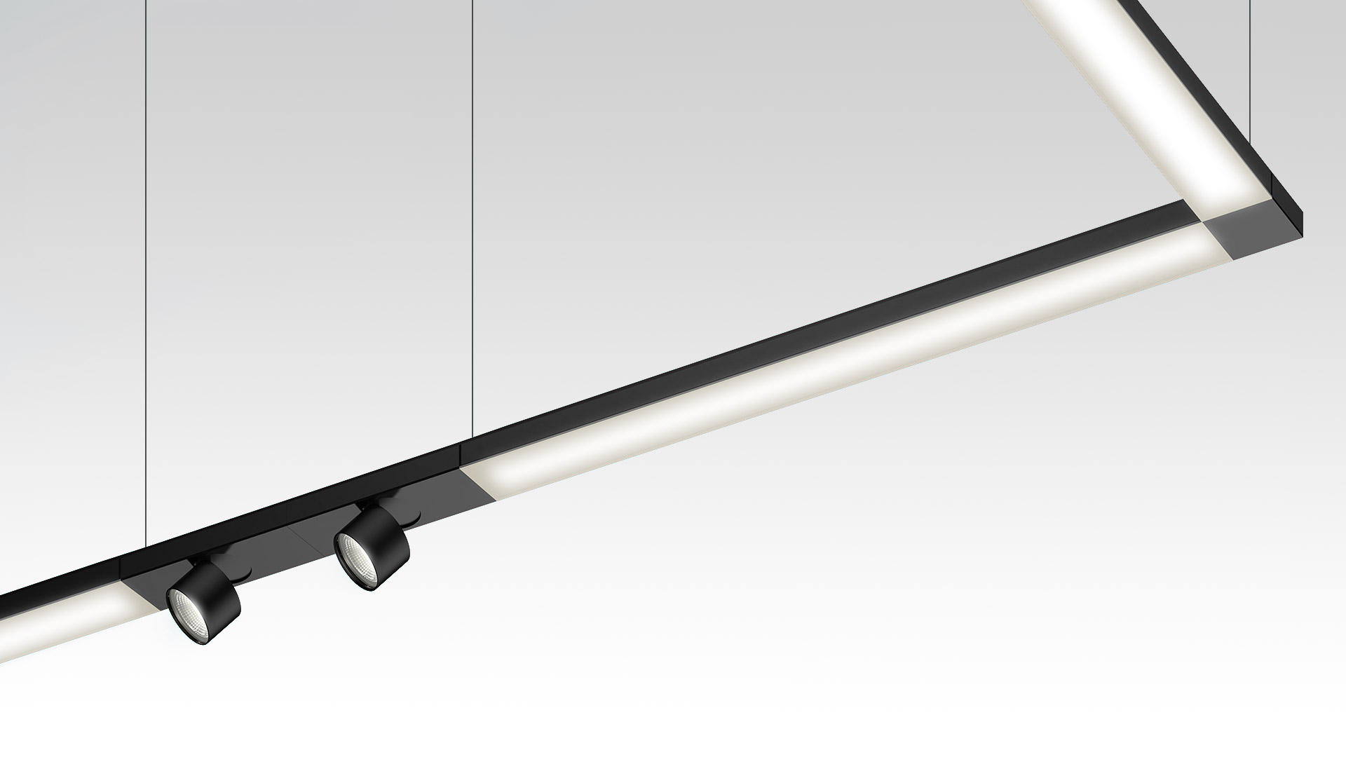 Lampada a sospensione Artemide Hoy System nera, con corpo rettangolare e ottiche LED anti-abbagliamento a forma piramidale disposte in file