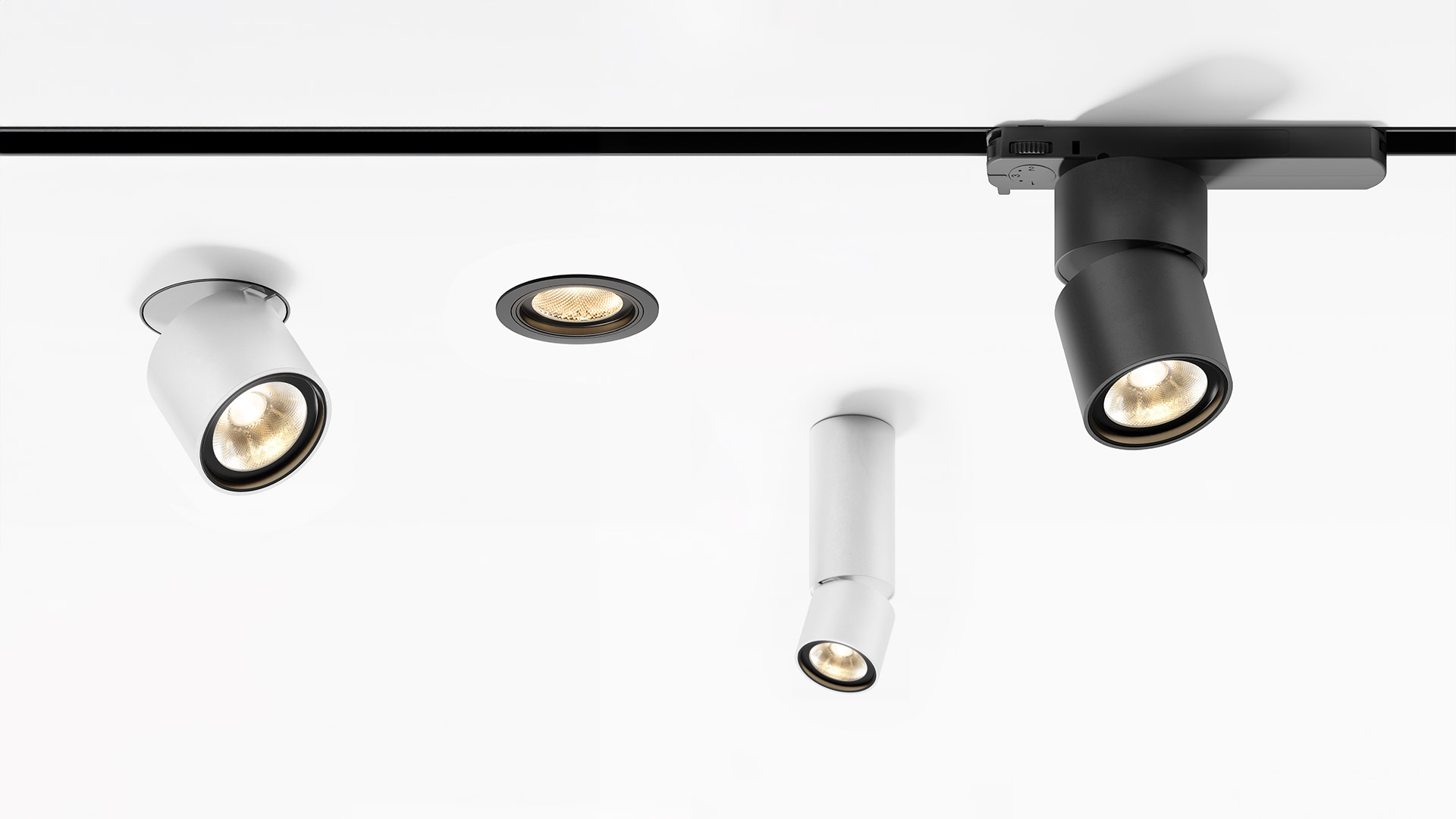 Tre faretti da soffitto bianchi Artemide Hoy Spot SMD: versione a soffitto cilindrica, da incasso orientabile e da incasso piatto
