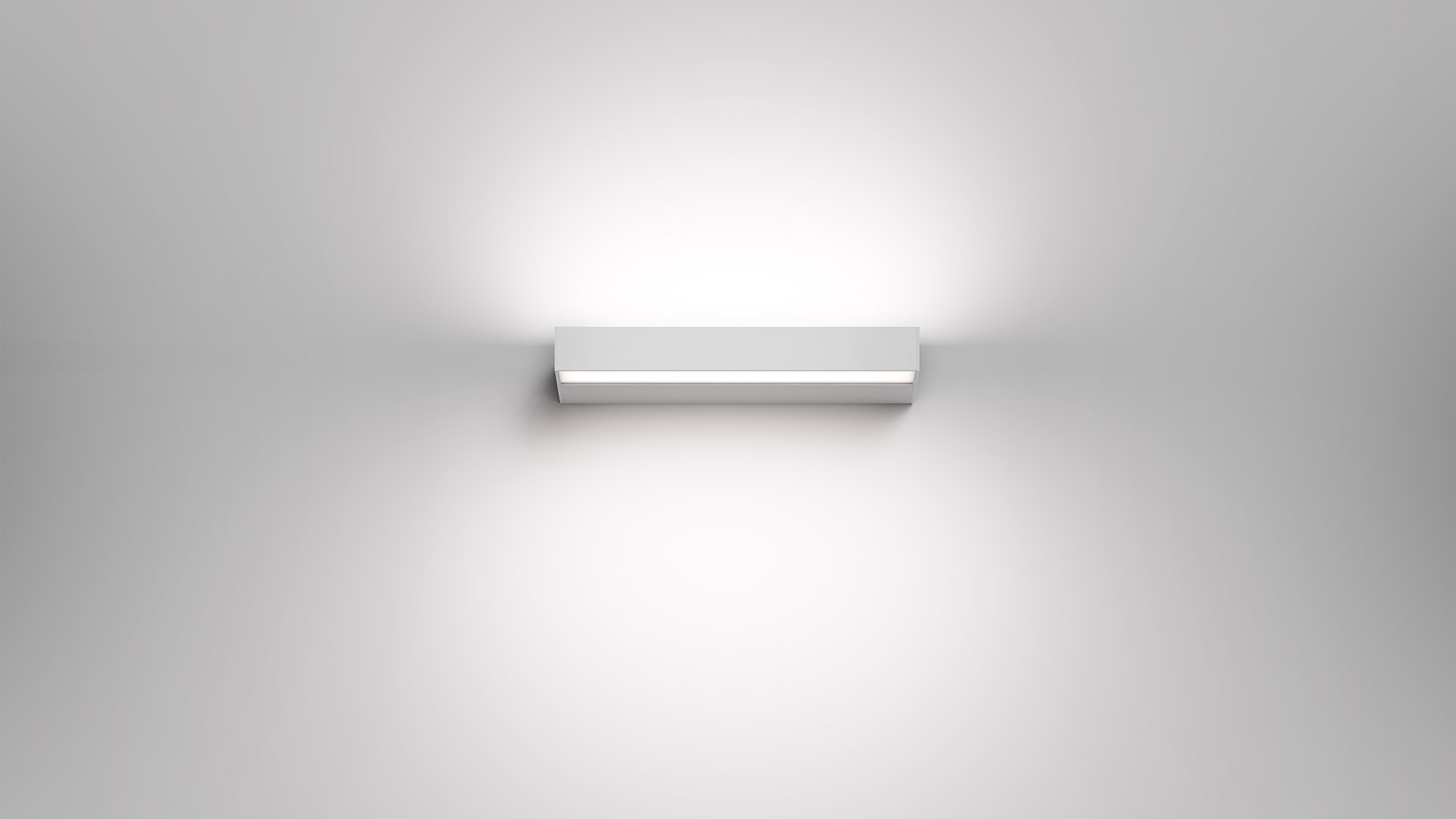 Artemide Hoy Parete wall lamp: slim elongated rectangular white LED bar mounted diagonally on a vivid blue wall