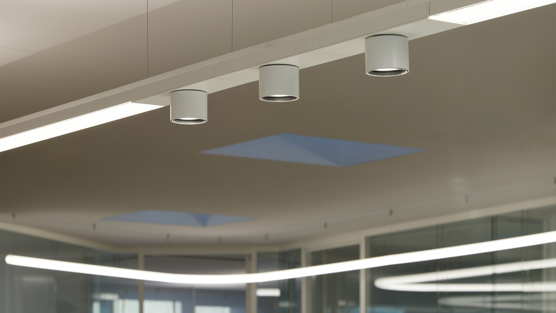 Due lampade lineari a sospensione Artemide Hoy System su cavi: profilo in alluminio bianco in alto, grigio scuro in basso.