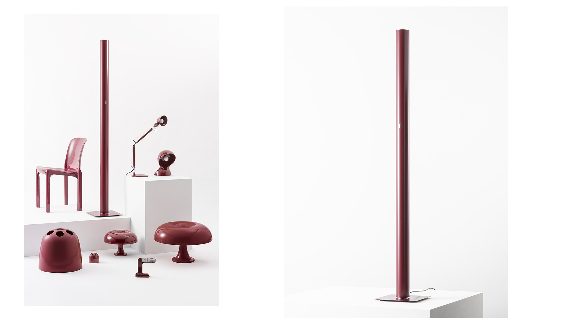 Lampade da terra Artemide Ilio in tre colori: bianco, nero e rosso, con fusto cilindrico sottile su base quadrata piatta