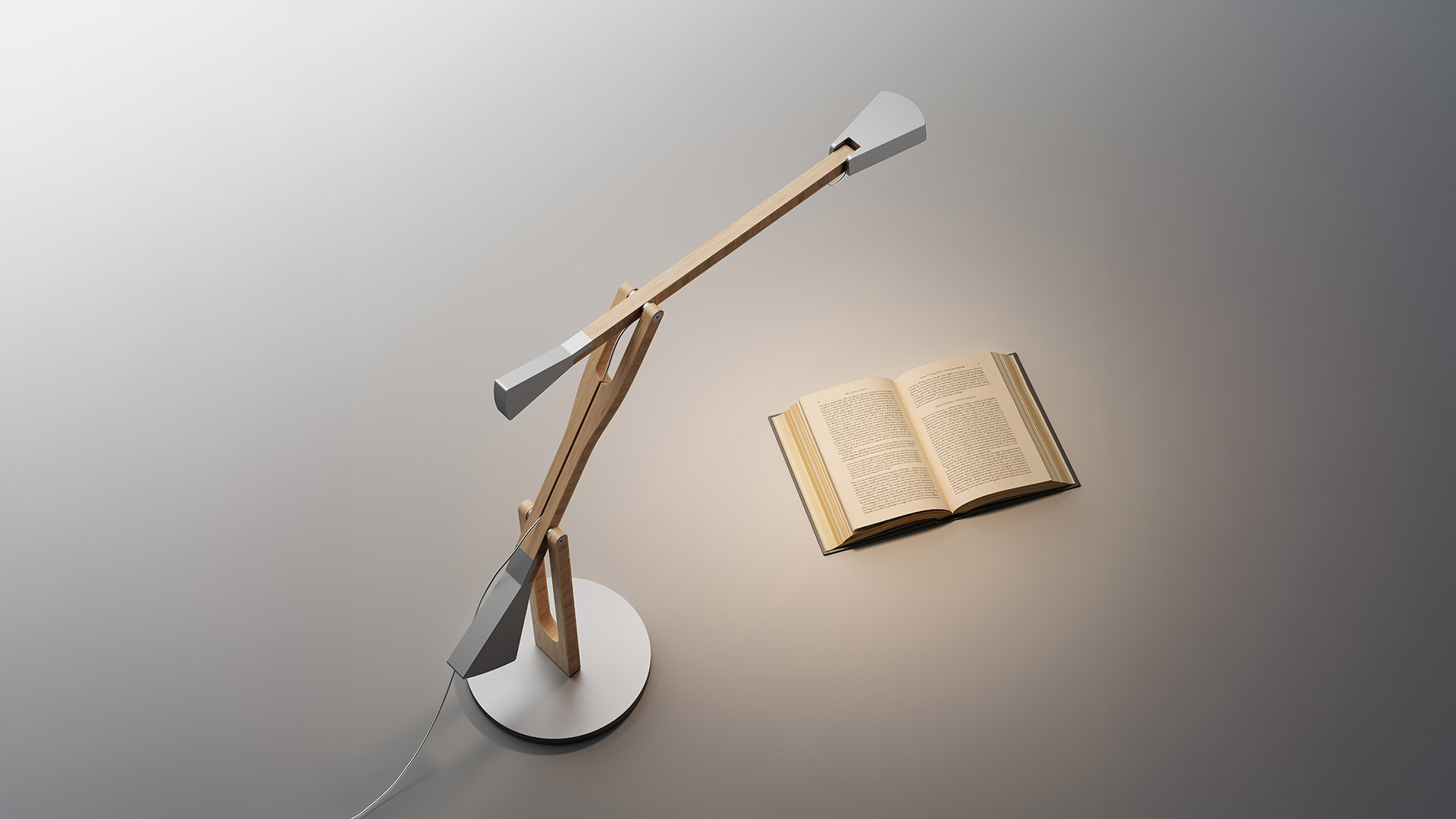 Artemide Internode desk lamp with wooden articulated arm and white LED head, illuminating an open book on a surface