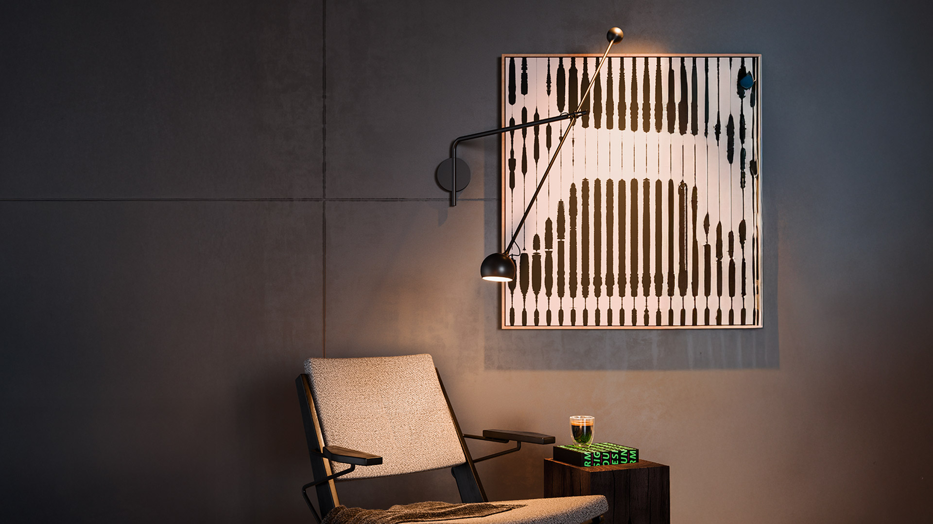 Cucina moderna con lampada da parete Artemide Ixa su parete rossa, lungo braccio regolabile, vicino a finestre ad arco e piano in acciaio
