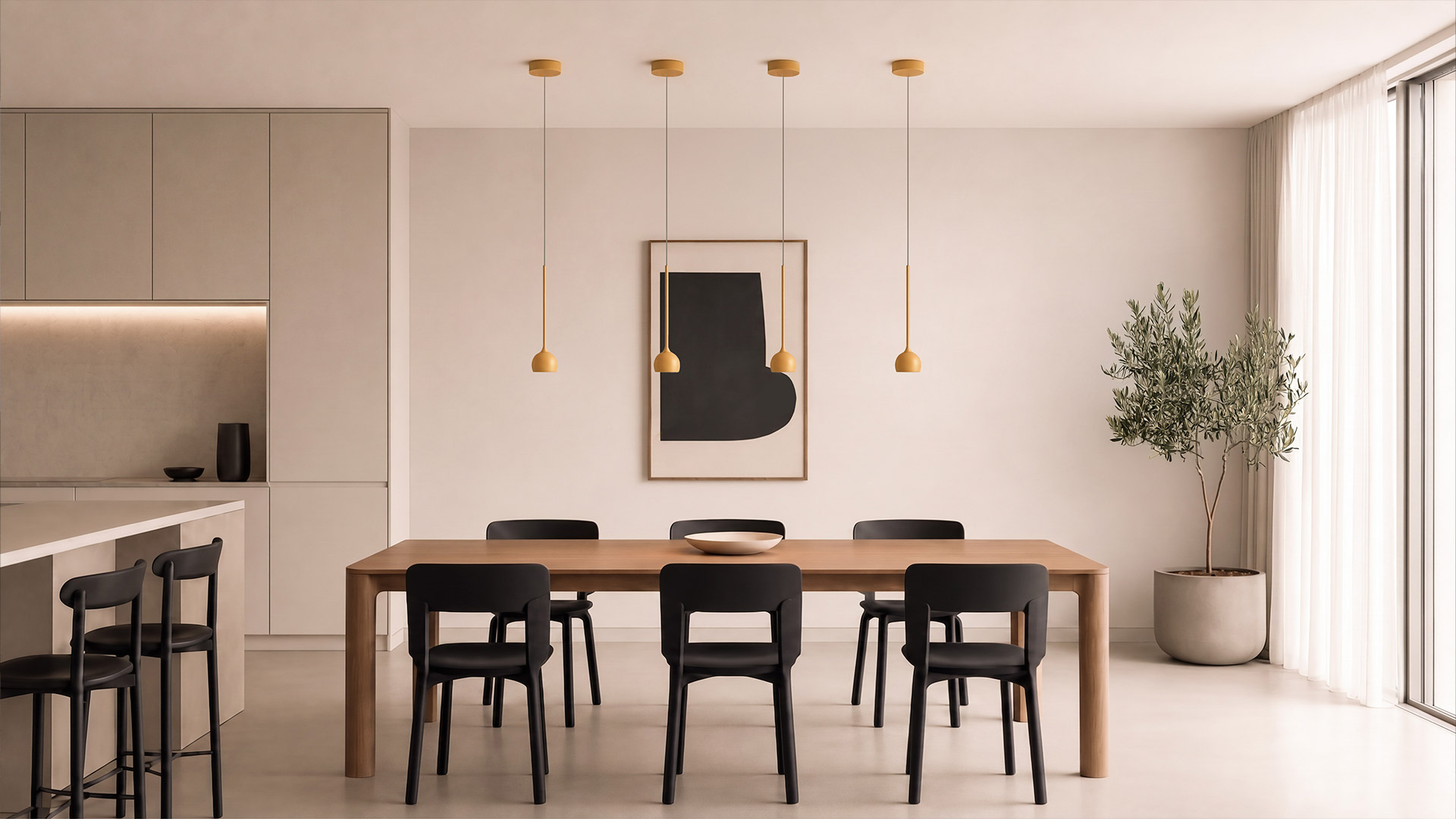 Lampada a sospensione Artemide Ixa: ampio paralume a disco piatto che emette luce calda, sospeso da un sottile braccio orizzontale nero dal soffitto