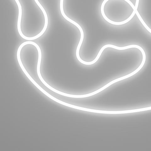 Artemide La Linea 25: tubo luminoso LED bianco flessibile che forma curve organiche e fluide su sfondo grigio