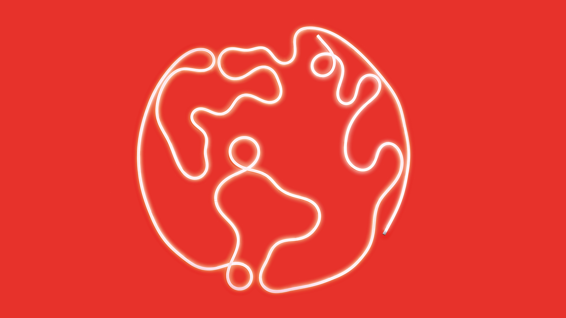Linea bianca luminosa in stile neon che forma il contorno di un globo su sfondo rosso, simbolo della presenza globale di Artemide.