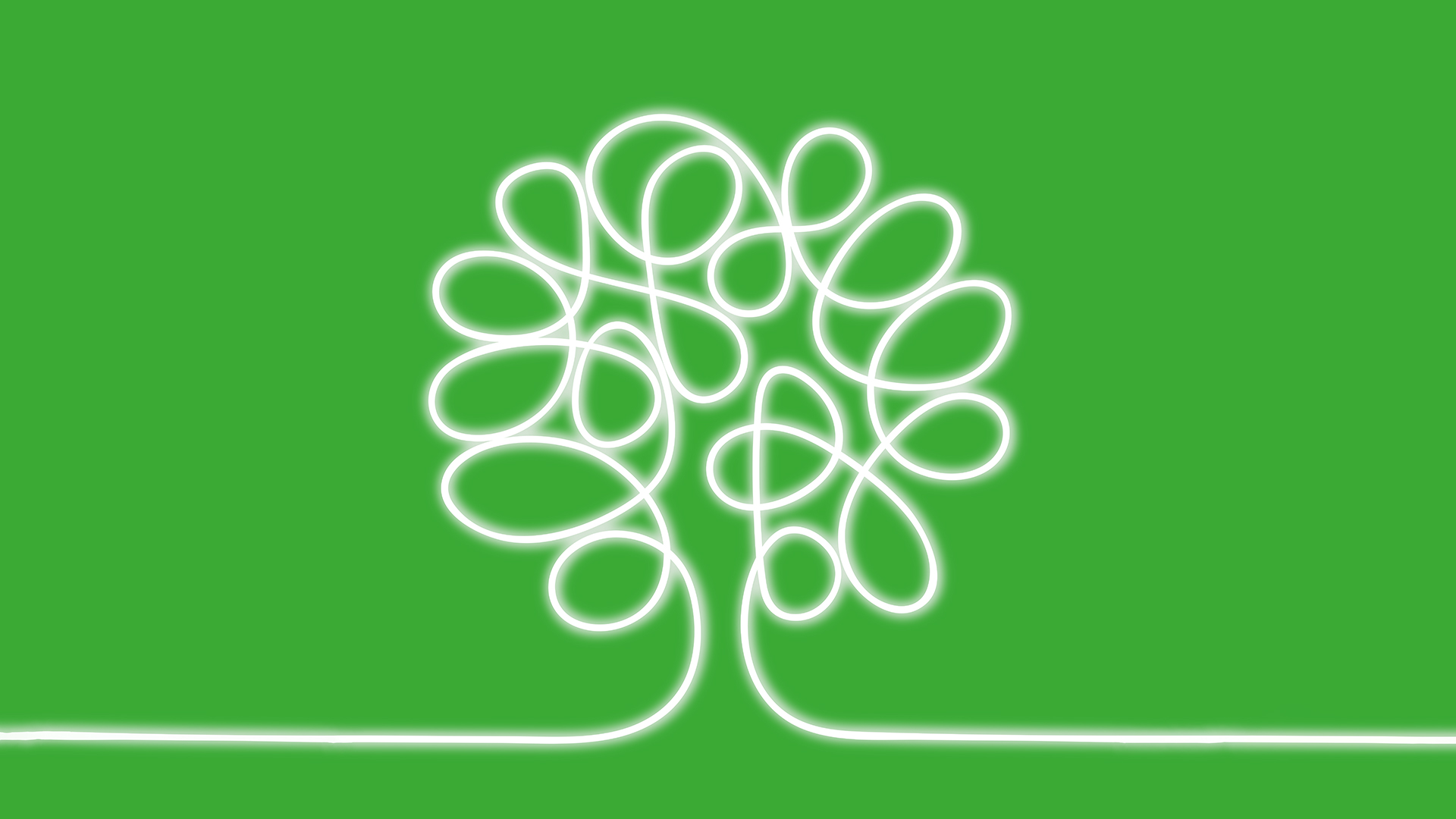 Linea al neon bianca luminosa che forma un albero con rami a spirale su sfondo verde, rappresenta Artemide La Linea 25.