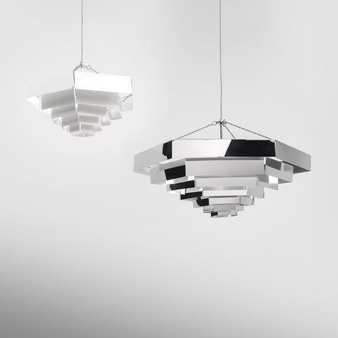 Two Artemide Lampada Esagonale pendant lights: small white matte version and large chrome polished version, tiered hexagonal layered shades on chains