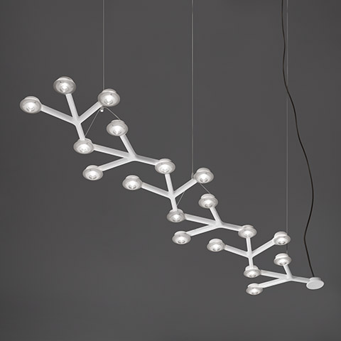 Artemide LED Net Lineare pendant lamp: white branching structure with multiple LED nodes, resembling a constellation, suspended by black cords