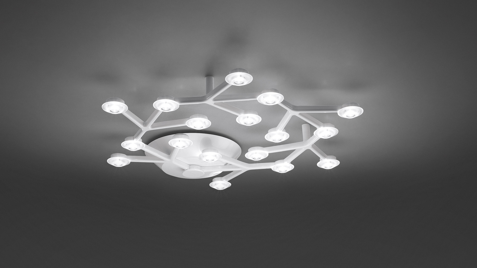 Artemide Led Net Circolare ceiling lamp: white branching structure with multiple LED light nodes arranged in a circular pattern