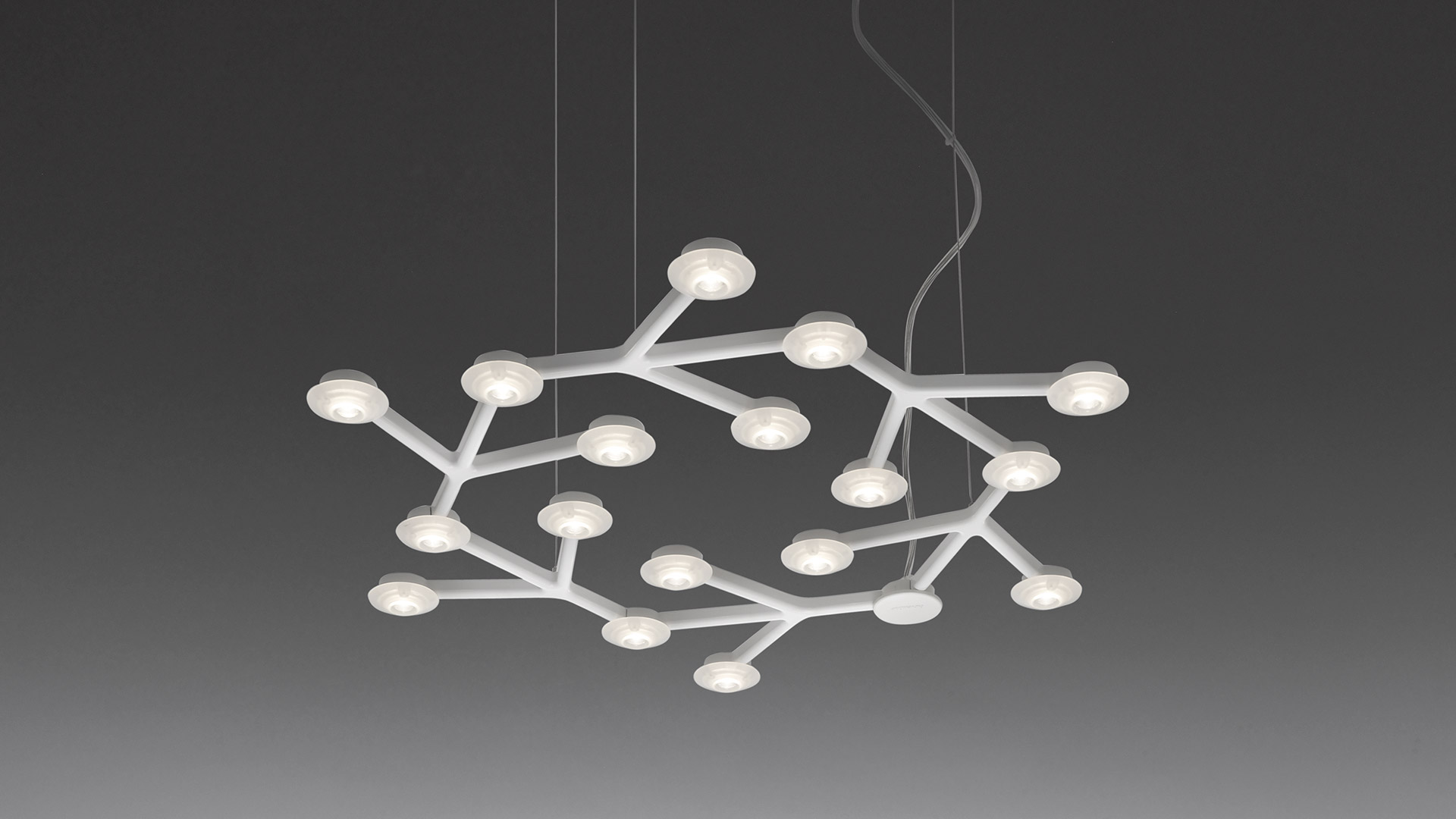 Artemide Led Net Circolare pendant lamp: white branching structure with circular shape holding multiple LED light nodes