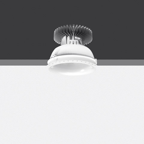Artemide Luceri Round Trimless LED recessed ceiling downlight in white, with visible heat sink fins above flush-mount housing