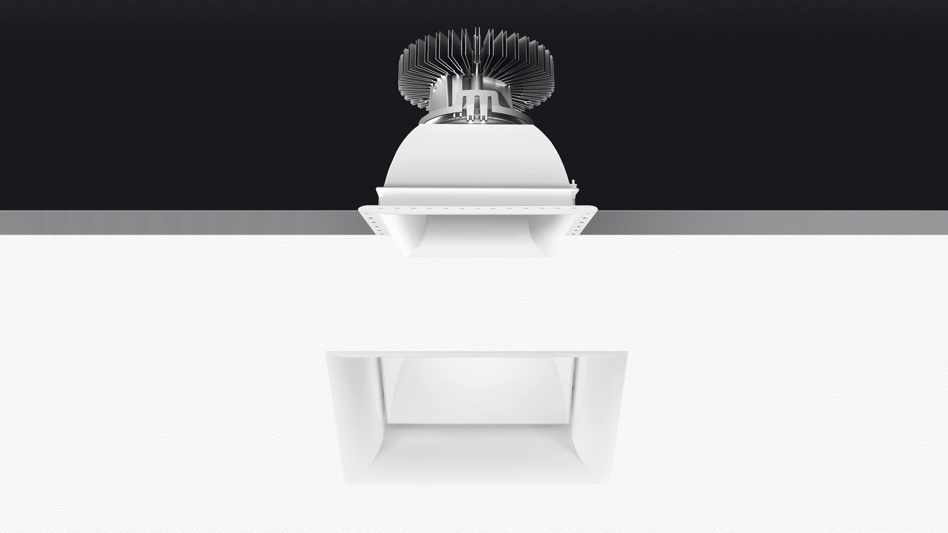 Artemide Luceri Kadro Trimless LED recessed downlight, square white flush-mount fixture with heat sink, installed in white ceiling