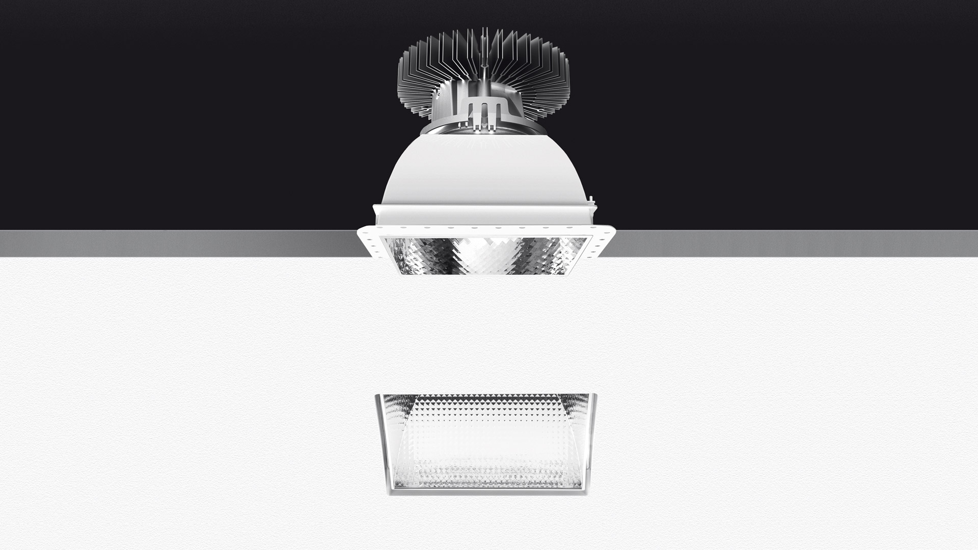 Artemide Luceri Kadro Trimless LED recessed downlight shown from above and below, featuring square frame with faceted reflector and heat sink
