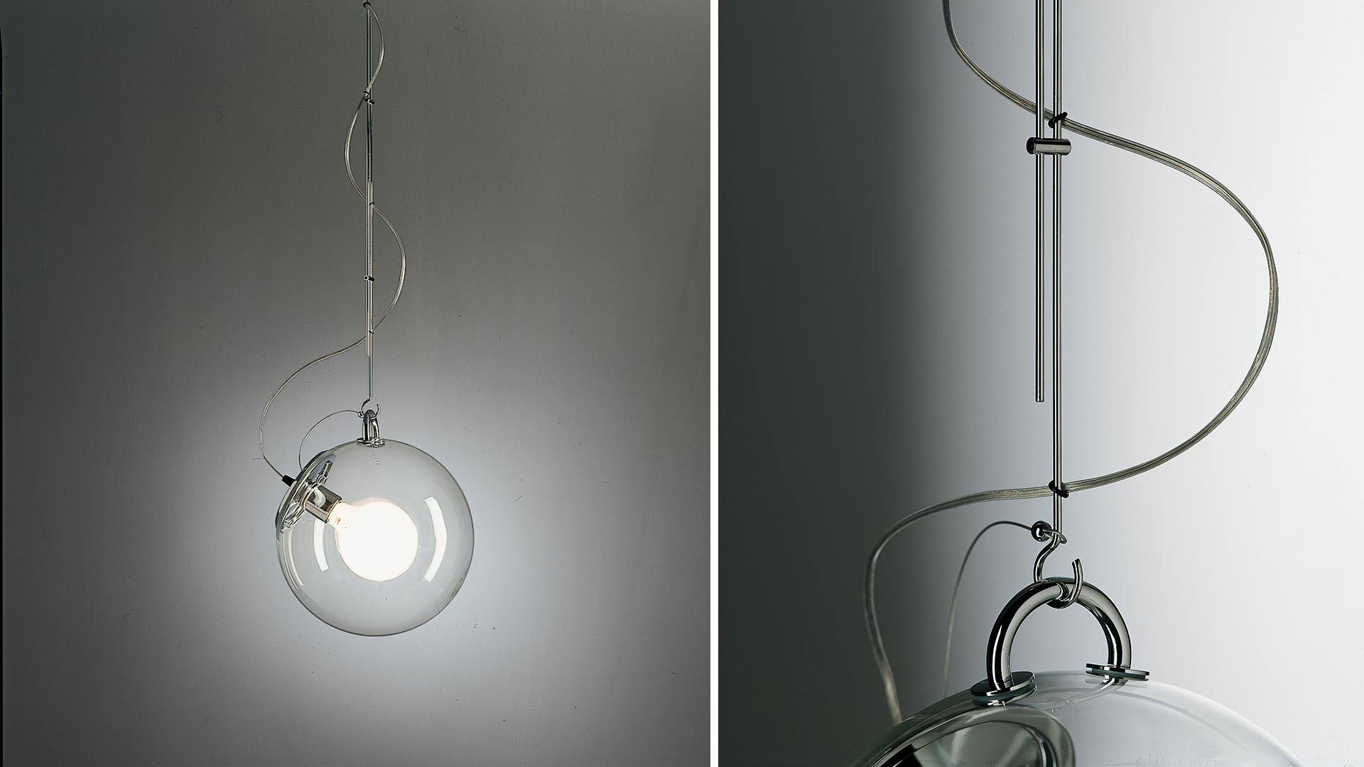 Lampada da soffitto Artemide Miconos: sfera in vetro trasparente con bulbo opalino, sospesa da rosone e disco in ottone