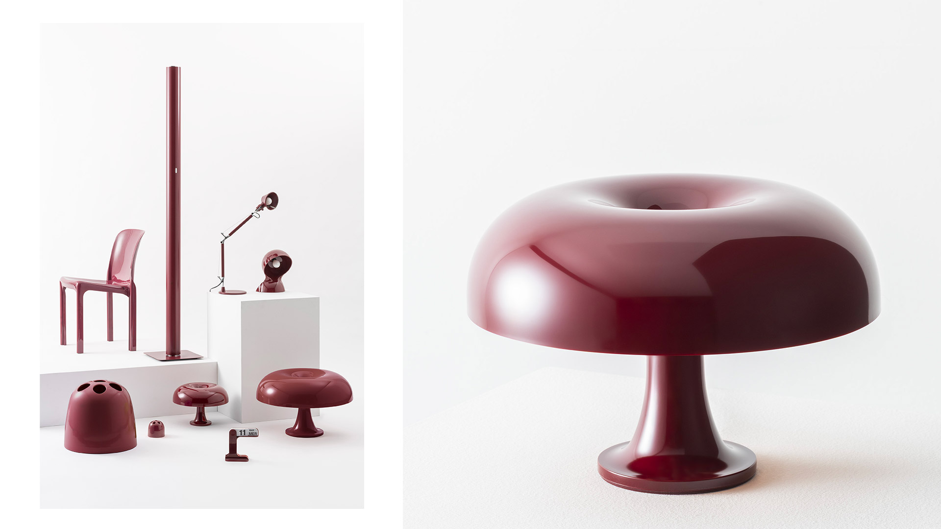 Tre lampade da tavolo Artemide Nessino in bianco, arancione e rosso, con paralumi lucidi a forma di fungo su piccole basi a piedistallo