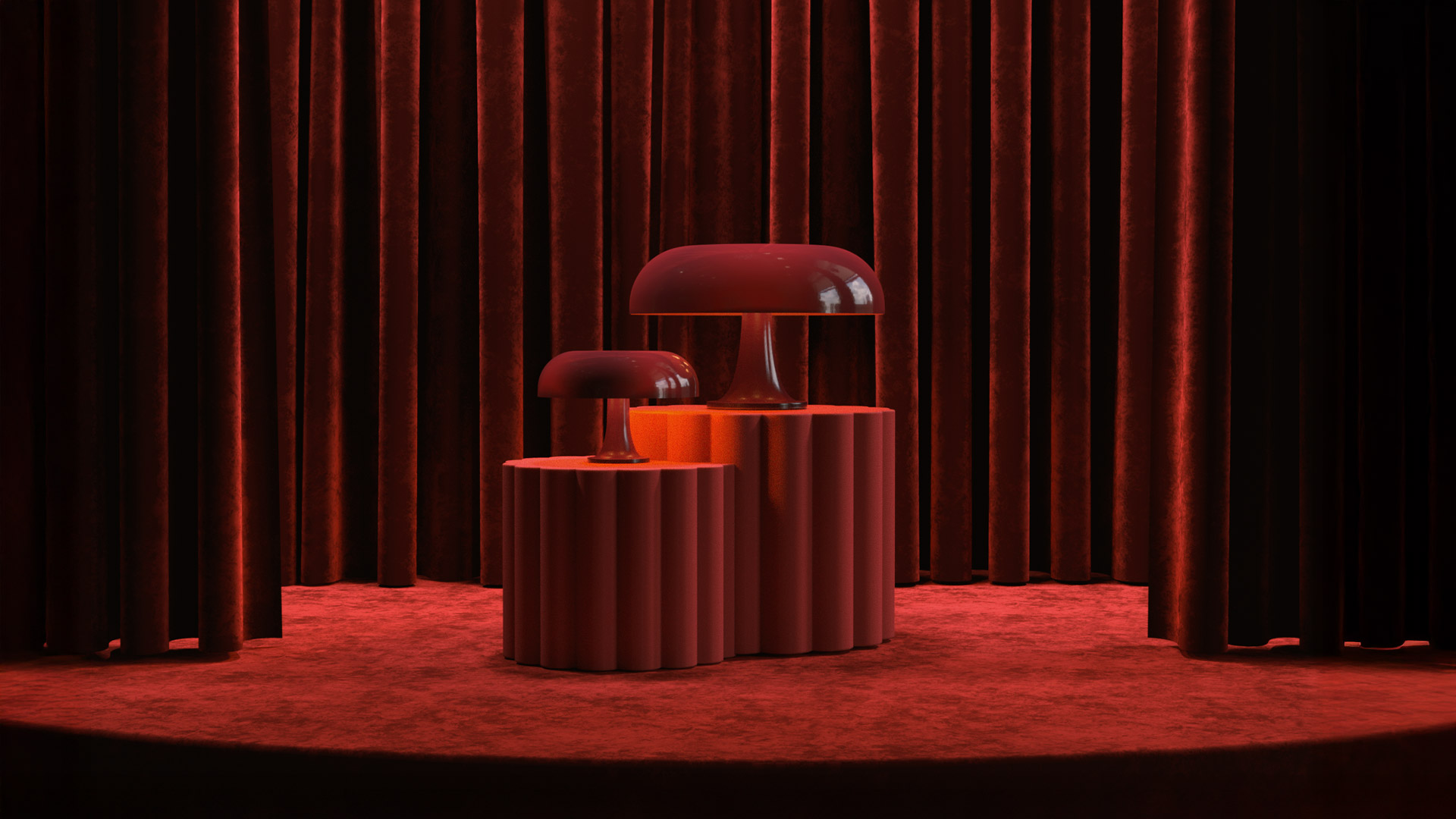 Lampada da tavolo Artemide Nesso arancio-rossa, iconico diffusore a fungo su base a piedistallo, posata su una scrivania con libri