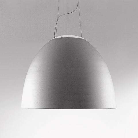 Artemide Nur 1618 pendant lamp with large dome-shaped aluminum shade in grey finish, suspended by thin cables